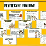 Bezpieczna przerwa w szkole podstawowej to czas na odpoczynek i zabawę. Ilustracje pokazują zasady bezpiecznego zachowania na korytarzu, schodach, podczas posiłków i gier.