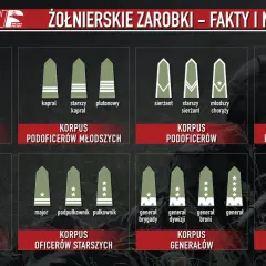 Grafika pokazuje stopnie wojskowe i korpusy, od szeregowego do Marszałka Polski. Dowiedz się, ile zarabia żołnierz po studiach.