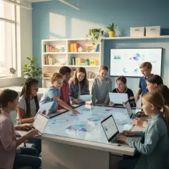 Dzieci pracują razem przy interaktywnym stole, ucząc się, jak wygląda nauczanie indywidualne. Laptopy i tablet pomagają w nauce.