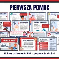 Pierwsza pomoc karty pracy dla dzieci. Zestaw 15 kart PDF z instrukcjami, jak reagować w nagłych wypadkach.