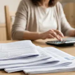 Kobieta liczy na kalkulatorze i pisze na laptopie, analizując dokumenty. Zastanawia się, ile zarabia nauczyciel dyplomowany w przedszkolu.