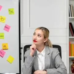 Młoda kobieta zastanawia się nad ścieżkami kariery po studiach marketing i zarządzanie, widząc na tablicy słowa kluczowe: plan, zespół, produkt, finanse, sprzedaż.