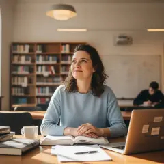 Kobieta w bibliotece studiuje, planując, jak zdobyć uprawnienia pedagogiczne. Na biurku książki, laptop i notatki.