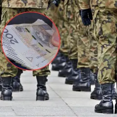 Żołnierze w mundurach, w tle stos banknotów 200 zł. Czy to odpowiedź na pytanie, ile wynosi żołd na studiach wojskowych?