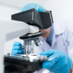 Badacz w niebieskich rękawiczkach i czepku pochyla się nad mikroskopem, badając próbkę. To jego ścieżka kariery po rozszerzonej biologii.
