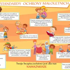 Ilustracja o standardach ochrony małoletnich. Pokazuje dzieci pomagające sobie, rozmawiające z nauczycielami i uczące się o tolerancji. Unika się niepedagogiczne zachowanie nauczyciela.