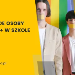 Młode osoby LGBT+ w szkołach. Dwie osoby z zaklejonymi ustami na tle tęczy.