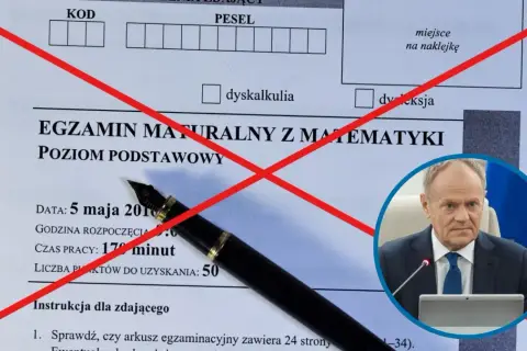 Egzamin maturalny z matematyki, pole "dyskalkulia" przekreślone. Donald Tusk w okręgu.