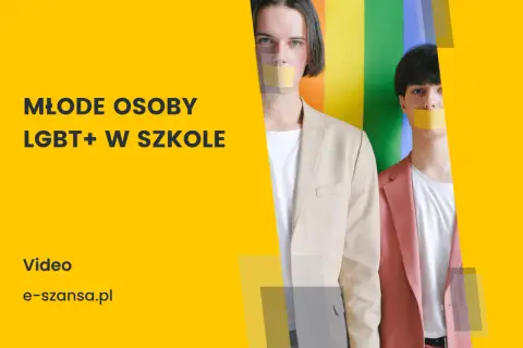 Młode osoby LGBT+ w szkołach. Dwie osoby z zaklejonymi ustami na tle tęczy.