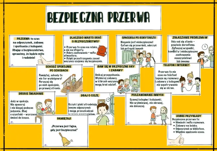 Bezpieczna przerwa w szkole podstawowej to czas na odpoczynek i zabawę. Ilustracje pokazują zasady bezpiecznego zachowania na korytarzu, schodach, podczas posiłków i gier.