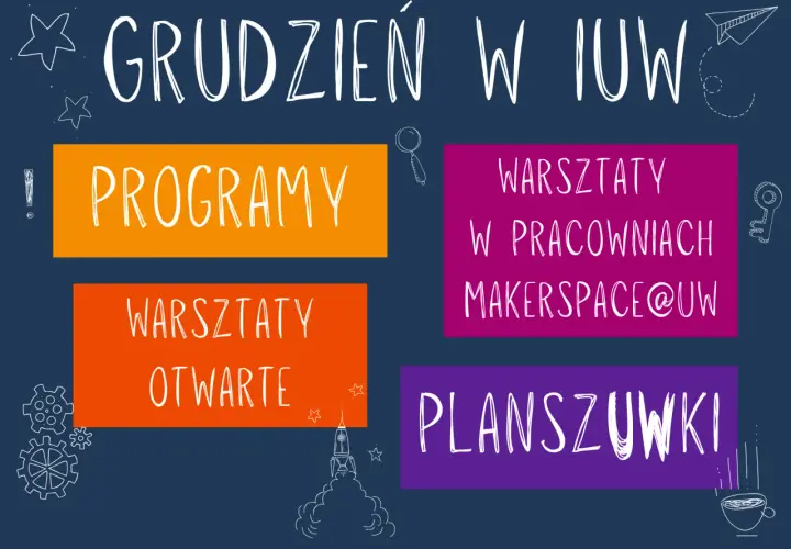Grudzień w IUW: Programy, warsztaty otwarte, warsztaty w pracowniach Makerspace@UW i planszówki. Strefa otwartej nauki pełna inspiracji!