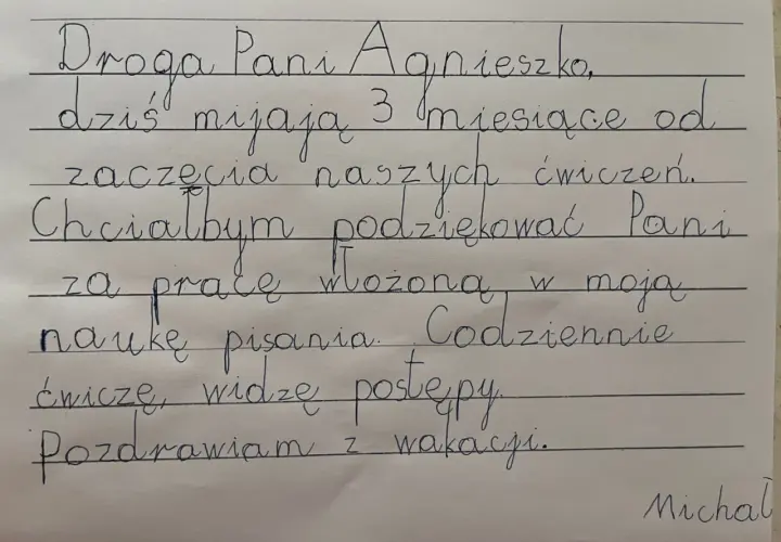 Jak dyslektyk widzi tekst: litery tańczą, ale Michał pisze do Pani Agnieszki, dziękując za naukę pisania.