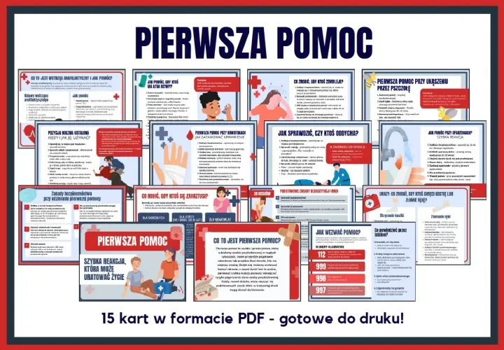 Pierwsza pomoc karty pracy dla dzieci. Zestaw 15 kart PDF z instrukcjami, jak reagować w nagłych wypadkach.