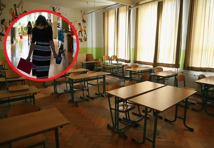 Kobieta wchodzi do pustej sali lekcyjnej, trzymając teczkę i doniczkę z kwiatami.