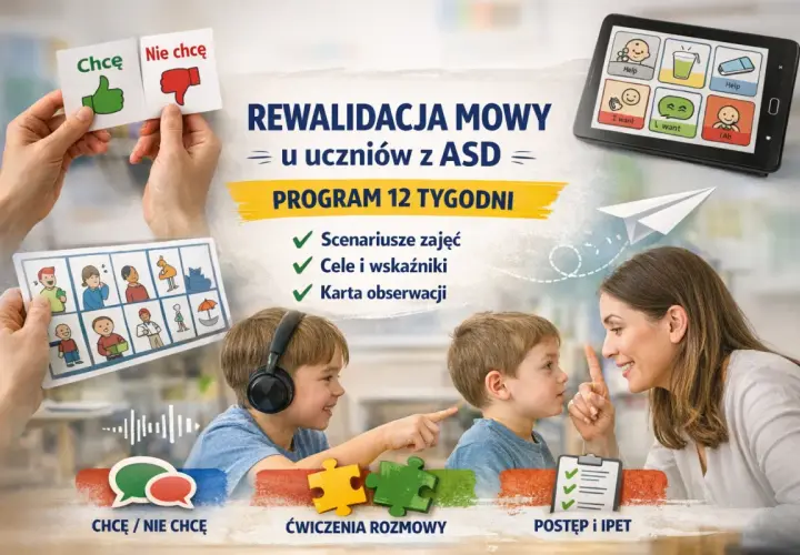 Zajęcia rewalidacyjne w przedszkolu dla dzieci z ASD. Program 12 tygodni, karty obrazkowe, tablet z symbolami, ćwiczenia rozmowy i postępów.
