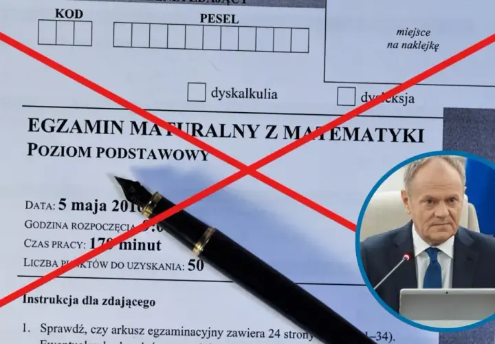 Egzamin maturalny z matematyki, pole "dyskalkulia" przekreślone. Donald Tusk w okręgu.