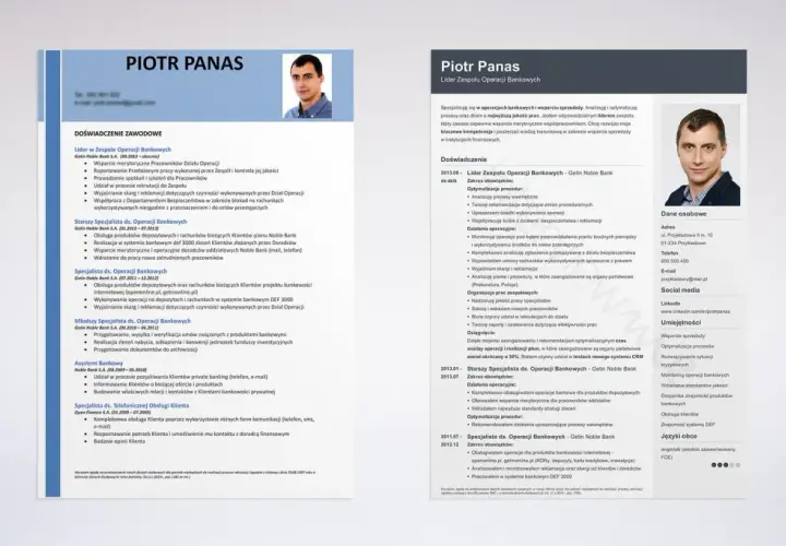 CV Piotra Panasa, lidera zespołu operacji bankowych. Pokazuje, co można robić po dziennikarstwie, np. zarządzać zespołem, optymalizować procesy, analizować ryzyko.