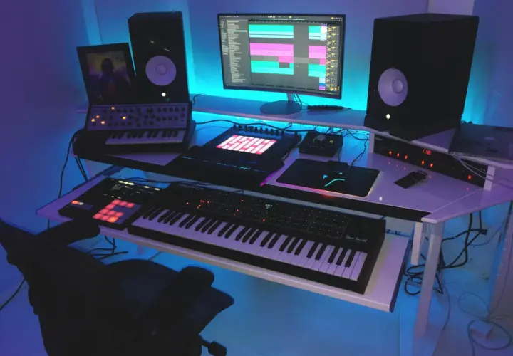 Nowoczesne studio muzyczne z syntezatorami, kontrolerami MIDI i komputerem, ukazujące zastosowanie komputerów w muzyce.