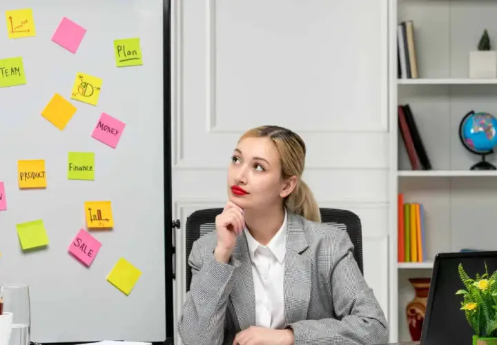 Młoda kobieta zastanawia się nad ścieżkami kariery po studiach marketing i zarządzanie, widząc na tablicy słowa kluczowe: plan, zespół, produkt, finanse, sprzedaż.