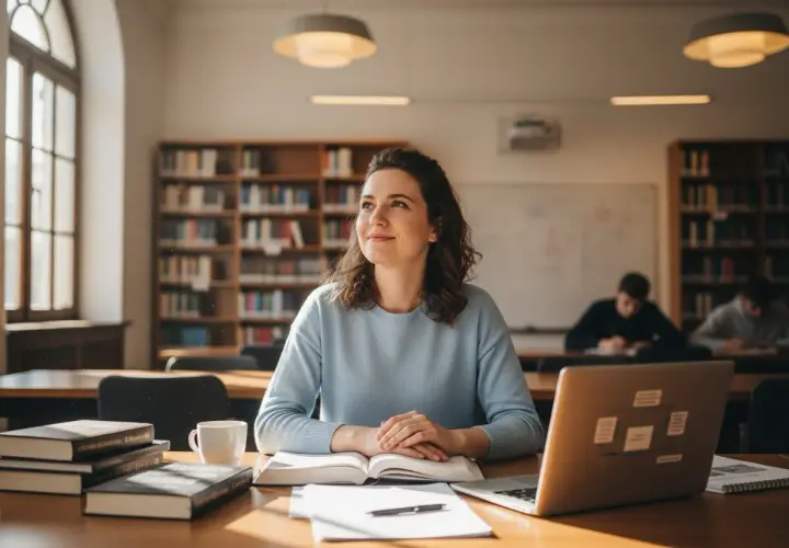 Kobieta w bibliotece studiuje, planując, jak zdobyć uprawnienia pedagogiczne. Na biurku książki, laptop i notatki.