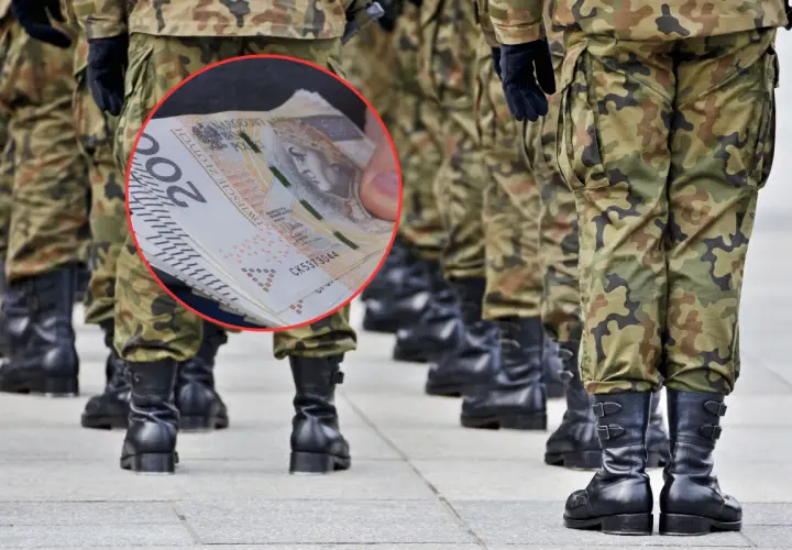 Żołnierze w mundurach, w tle stos banknotów 200 zł. Czy to odpowiedź na pytanie, ile wynosi żołd na studiach wojskowych?