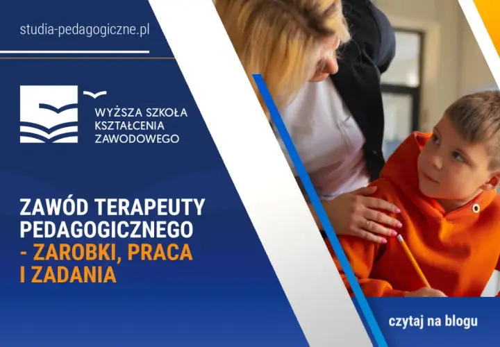 Chłopiec z ołówkiem, wspierany przez kobietę. Informacja o studiach i kwalifikacjach terapeuty pedagogicznego.