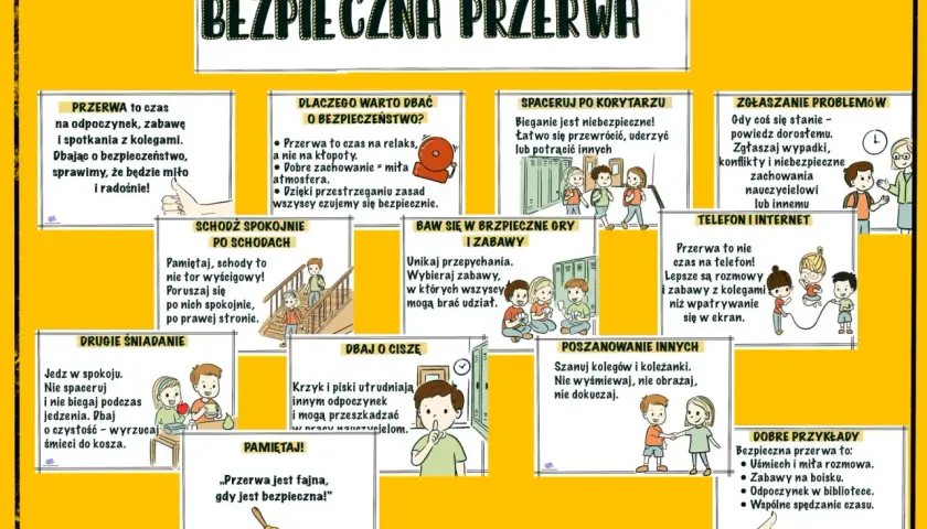Bezpieczna przerwa w szkole podstawowej to czas na odpoczynek i zabawę. Ilustracje pokazują zasady bezpiecznego zachowania na korytarzu, schodach, podczas posiłków i gier.