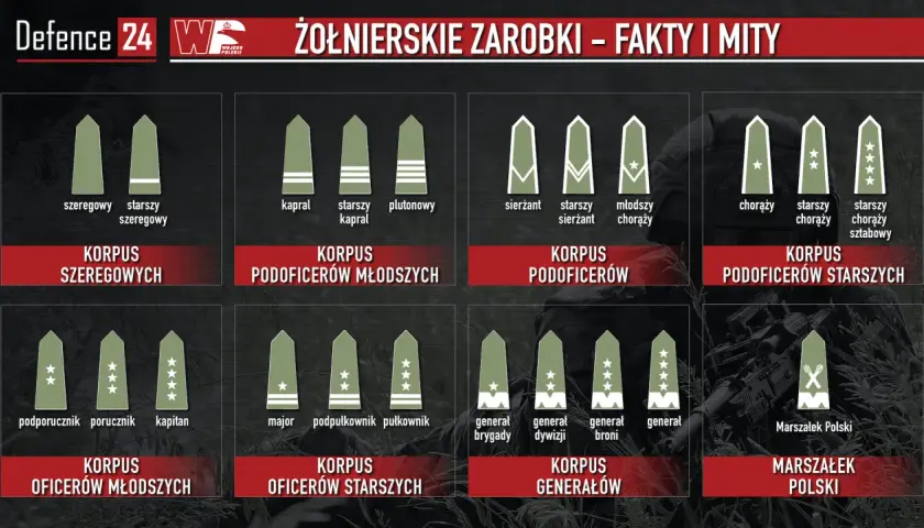 Grafika pokazuje stopnie wojskowe i korpusy, od szeregowego do Marszałka Polski. Dowiedz się, ile zarabia żołnierz po studiach.