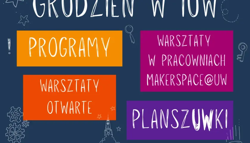 Grudzień w IUW: Programy, warsztaty otwarte, warsztaty w pracowniach Makerspace@UW i planszówki. Strefa otwartej nauki pełna inspiracji!