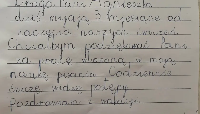 Jak dyslektyk widzi tekst: litery tańczą, ale Michał pisze do Pani Agnieszki, dziękując za naukę pisania.