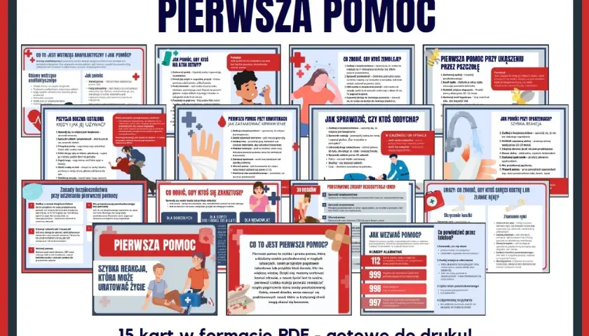 Pierwsza pomoc karty pracy dla dzieci. Zestaw 15 kart PDF z instrukcjami, jak reagować w nagłych wypadkach.