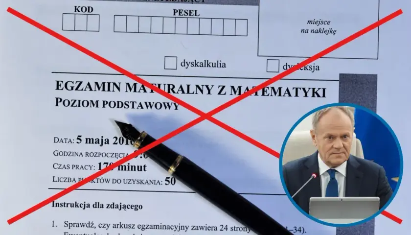 Egzamin maturalny z matematyki, pole "dyskalkulia" przekreślone. Donald Tusk w okręgu.