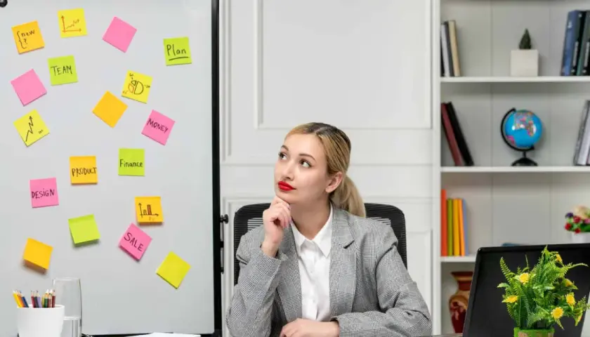 Młoda kobieta zastanawia się nad ścieżkami kariery po studiach marketing i zarządzanie, widząc na tablicy słowa kluczowe: plan, zespół, produkt, finanse, sprzedaż.
