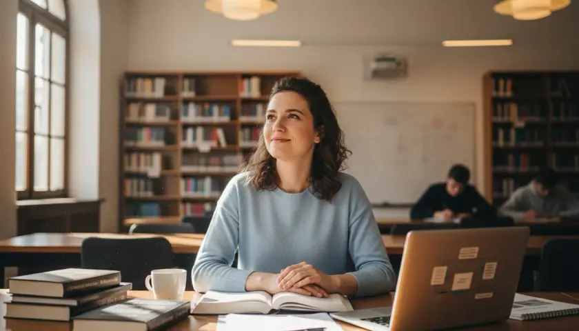 Kobieta w bibliotece studiuje, planując, jak zdobyć uprawnienia pedagogiczne. Na biurku książki, laptop i notatki.