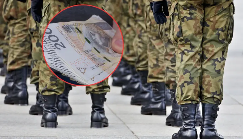 Żołnierze w mundurach, w tle stos banknotów 200 zł. Czy to odpowiedź na pytanie, ile wynosi żołd na studiach wojskowych?