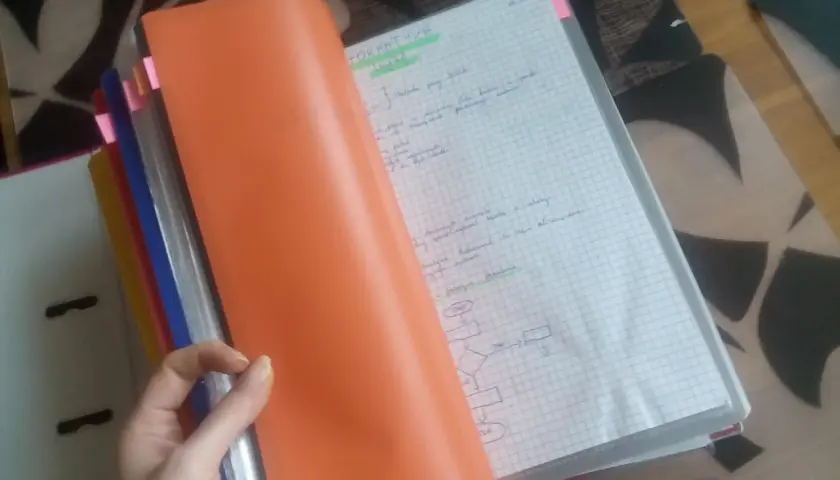 Ręka trzyma pomarańczową okładkę segregatora, odsłaniając zeszyt z notatkami i schematem. Widać nagłówek "FORMATYKA" i zasady prowadzenia zeszytu.