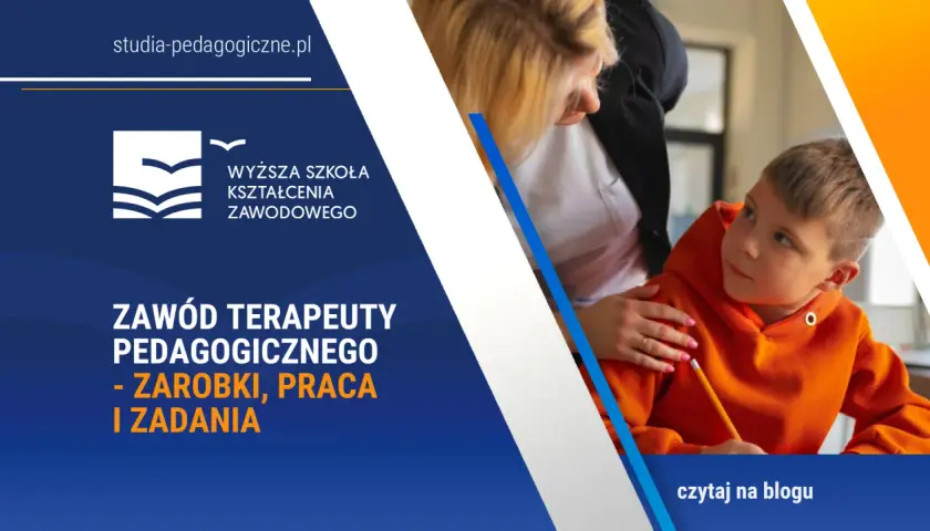 Chłopiec z ołówkiem, wspierany przez kobietę. Informacja o studiach i kwalifikacjach terapeuty pedagogicznego.