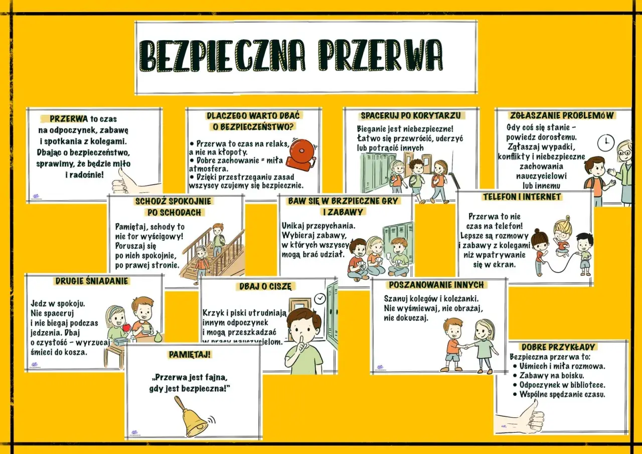 Bezpieczna przerwa w szkole podstawowej to czas na odpoczynek i zabawę. Ilustracje pokazują zasady bezpiecznego zachowania na korytarzu, schodach, podczas posiłków i gier.