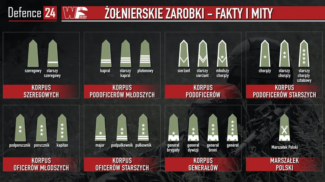 Grafika pokazuje stopnie wojskowe i korpusy, od szeregowego do Marszałka Polski. Dowiedz się, ile zarabia żołnierz po studiach.