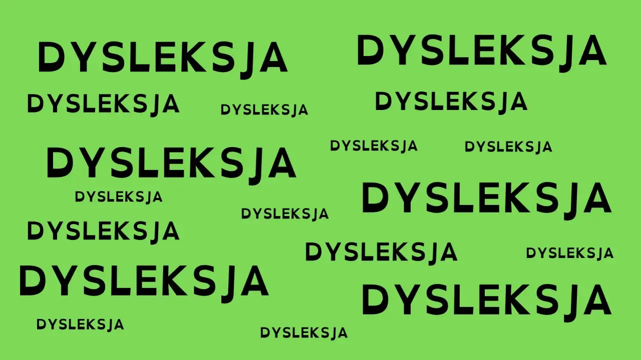 Wiele razy powtórzone słowo "DYSLEKSJA" na zielonym tle. Może symbolizować wydłużenie etapu edukacyjnego z powodu trudności w nauce.