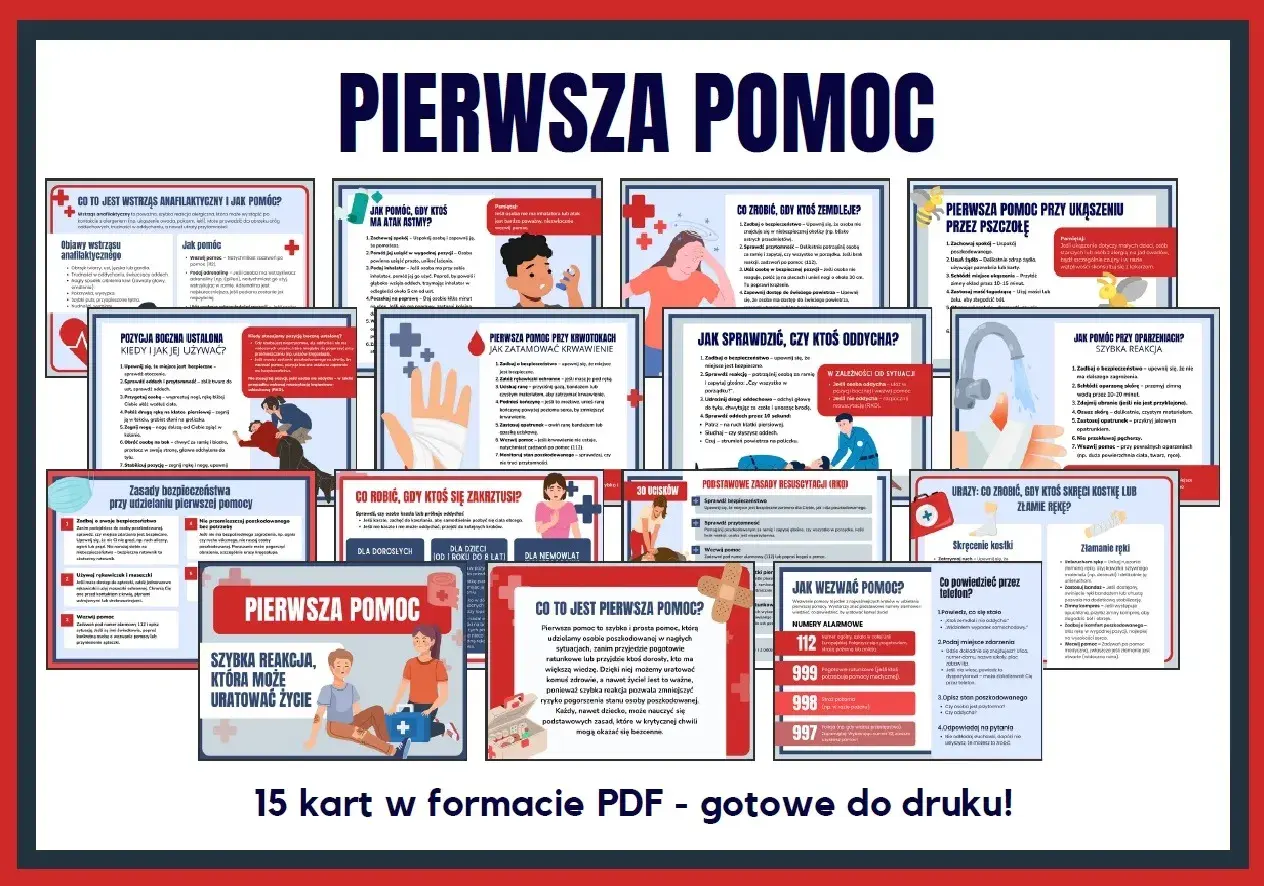 Pierwsza pomoc karty pracy dla dzieci. Zestaw 15 kart PDF z instrukcjami, jak reagować w nagłych wypadkach.
