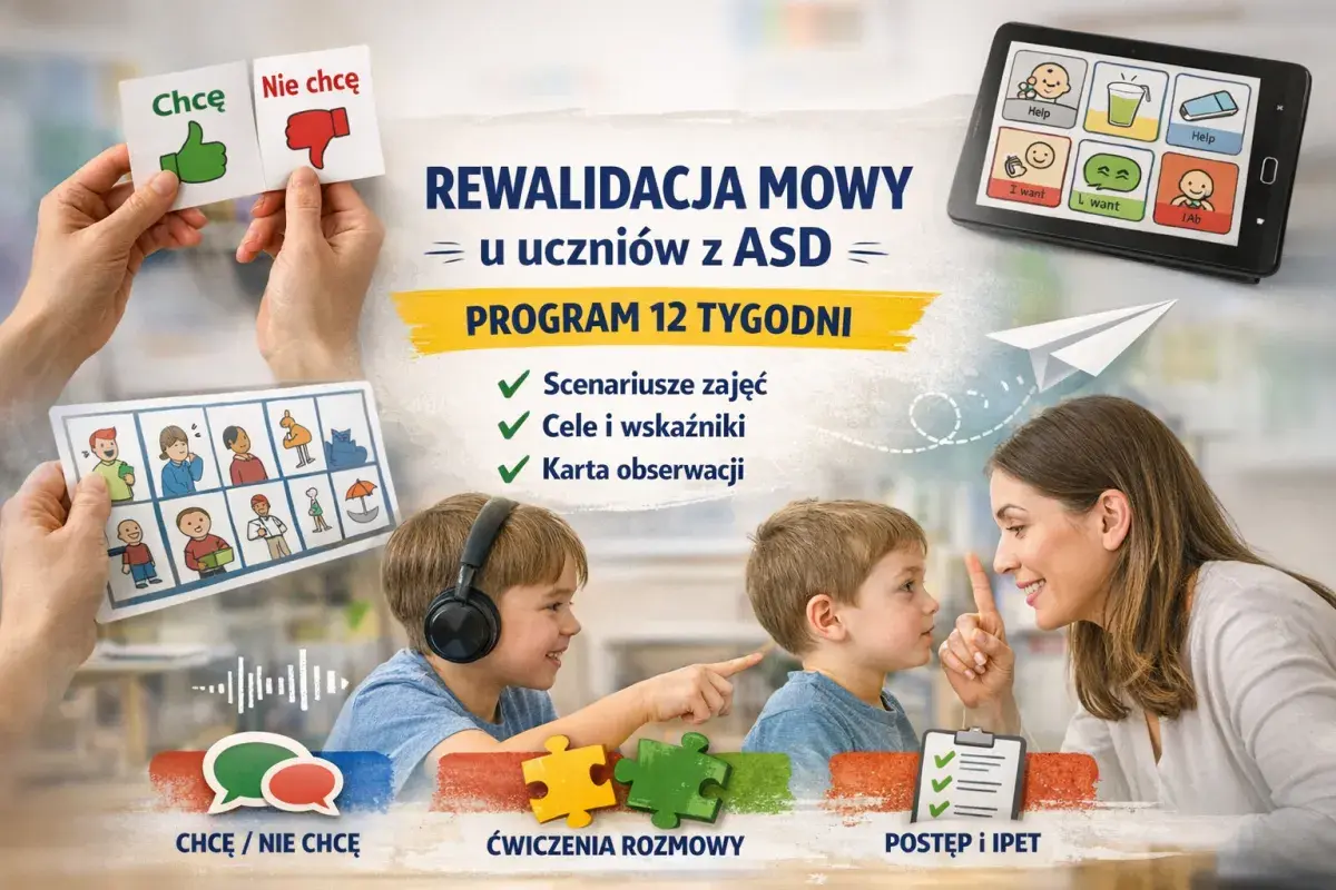 Zajęcia rewalidacyjne w przedszkolu dla dzieci z ASD. Program 12 tygodni, karty obrazkowe, tablet z symbolami, ćwiczenia rozmowy i postępów.