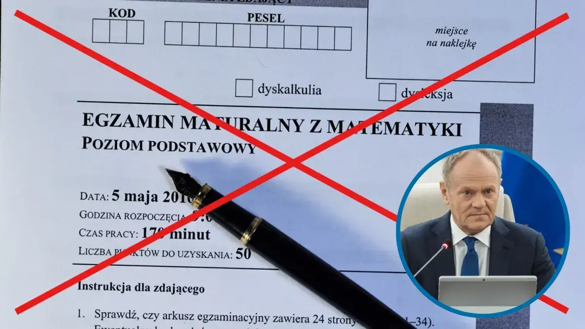 Egzamin maturalny z matematyki, pole "dyskalkulia" przekreślone. Donald Tusk w okręgu.