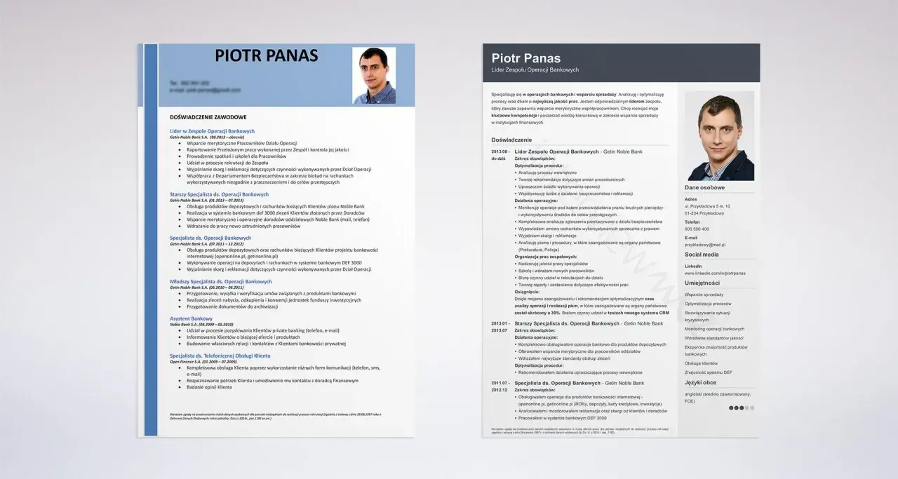 CV Piotra Panasa, lidera zespołu operacji bankowych. Pokazuje, co można robić po dziennikarstwie, np. zarządzać zespołem, optymalizować procesy, analizować ryzyko.