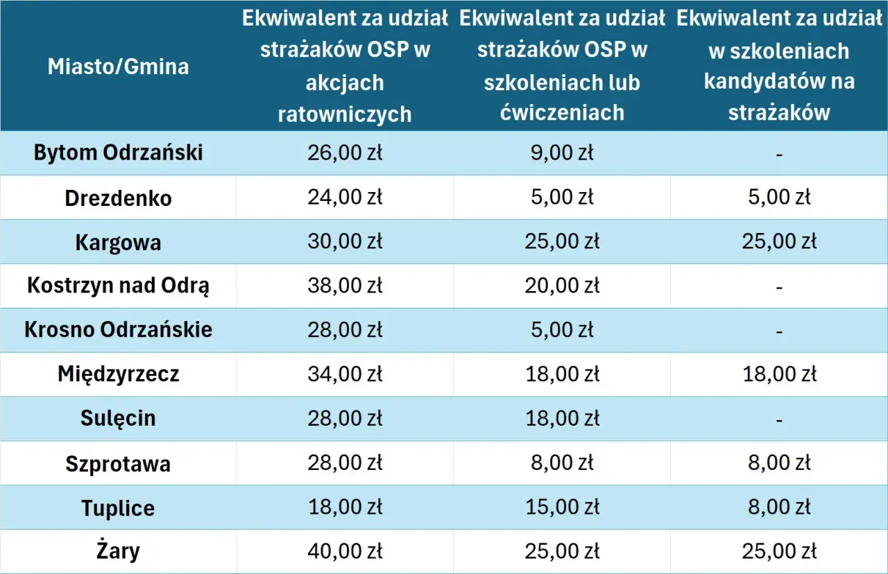 Tabela pokazuje, czy w OSP się zarabia. Widać stawki za udział w akcjach ratowniczych i szkoleniach w różnych gminach.