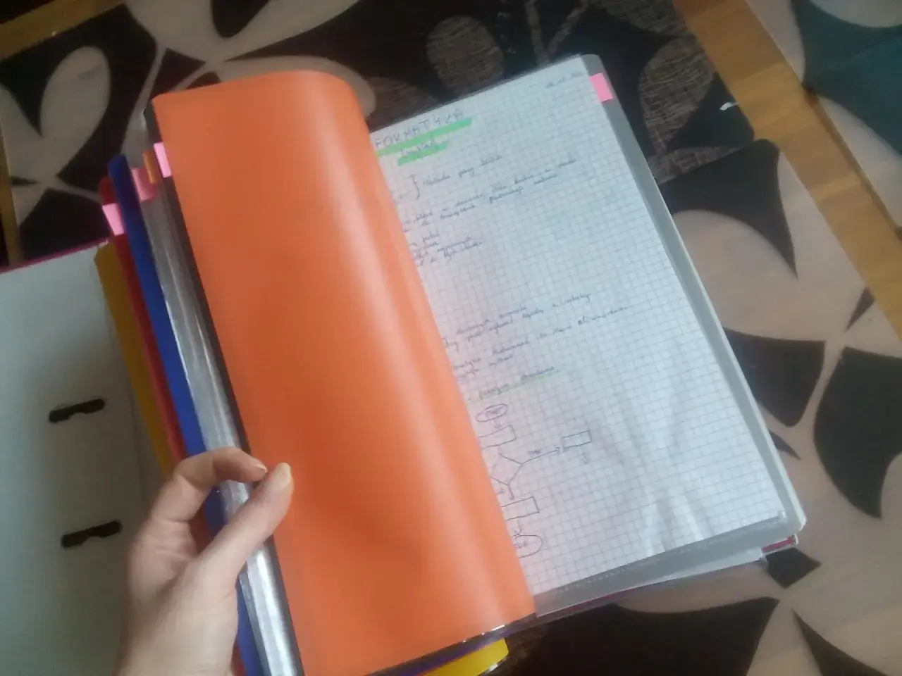 Ręka trzyma pomarańczową okładkę segregatora, odsłaniając zeszyt z notatkami i schematem. Widać nagłówek "FORMATYKA" i zasady prowadzenia zeszytu.
