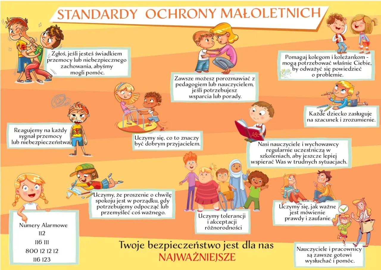 Ilustracja o standardach ochrony małoletnich. Pokazuje dzieci pomagające sobie, rozmawiające z nauczycielami i uczące się o tolerancji. Unika się niepedagogiczne zachowanie nauczyciela.