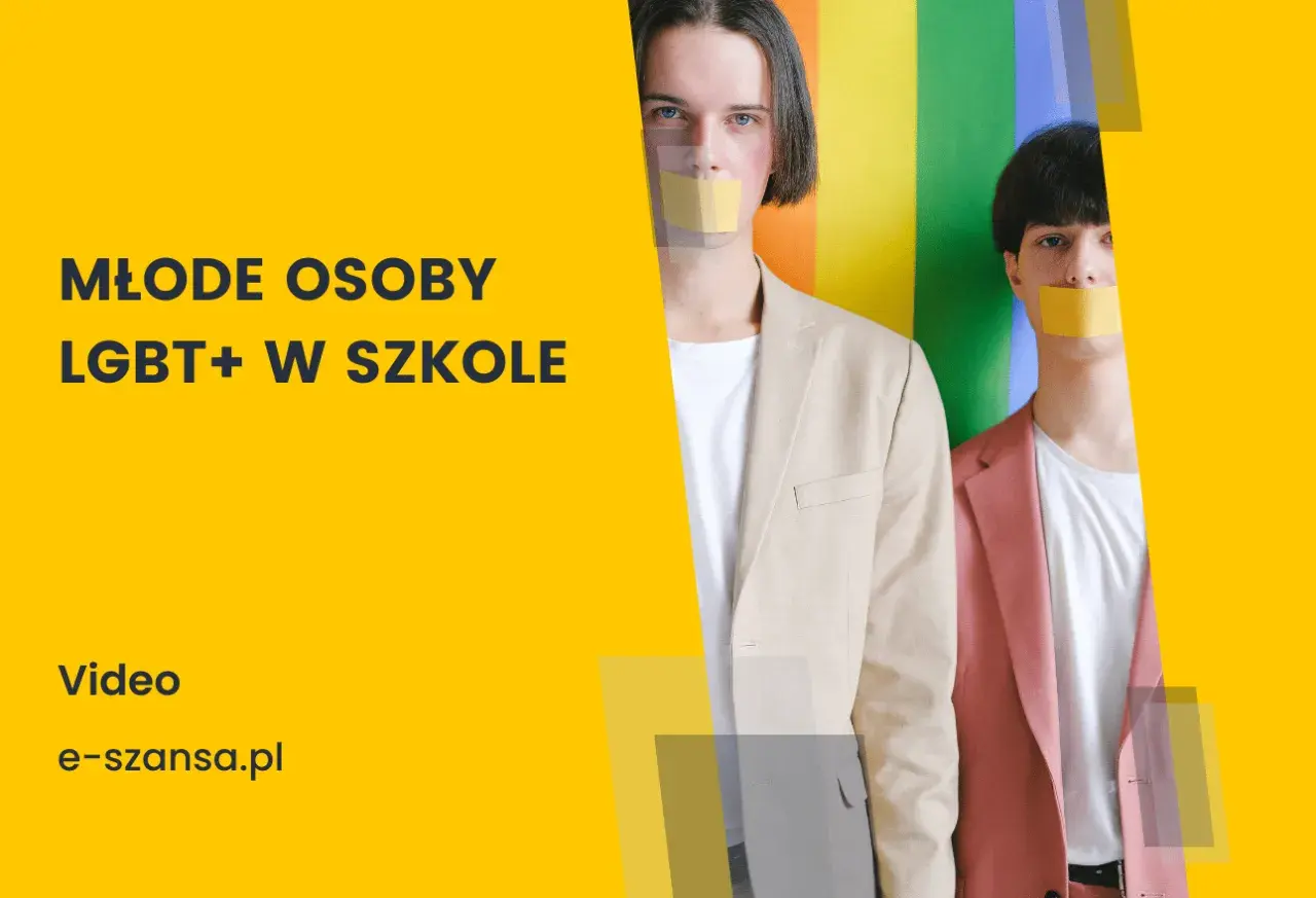 Młode osoby LGBT+ w szkołach. Dwie osoby z zaklejonymi ustami na tle tęczy.