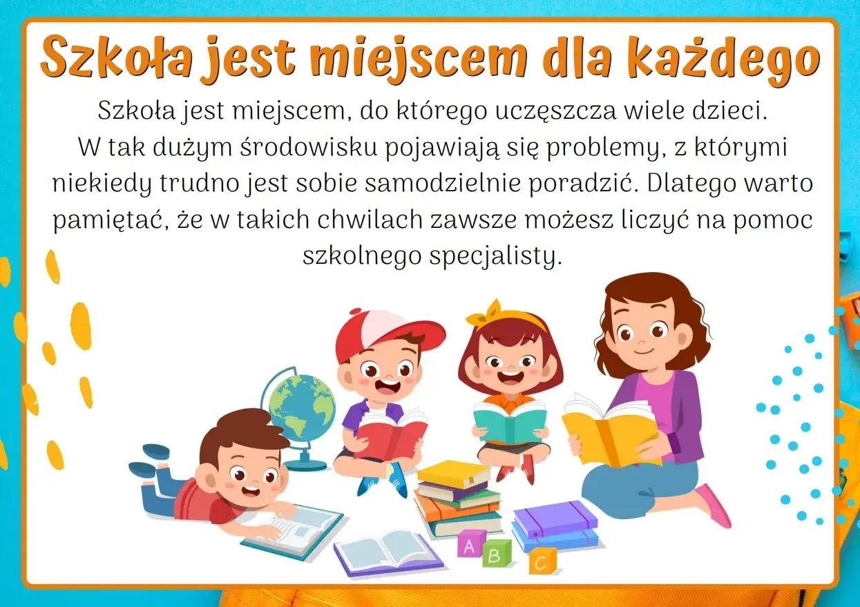 Dzieci czytają książki, a tekst informuje o zadaniach pedagoga specjalnego rozporządzenie. Szkoła jest miejscem dla każdego, gdzie można liczyć na pomoc specjalisty.