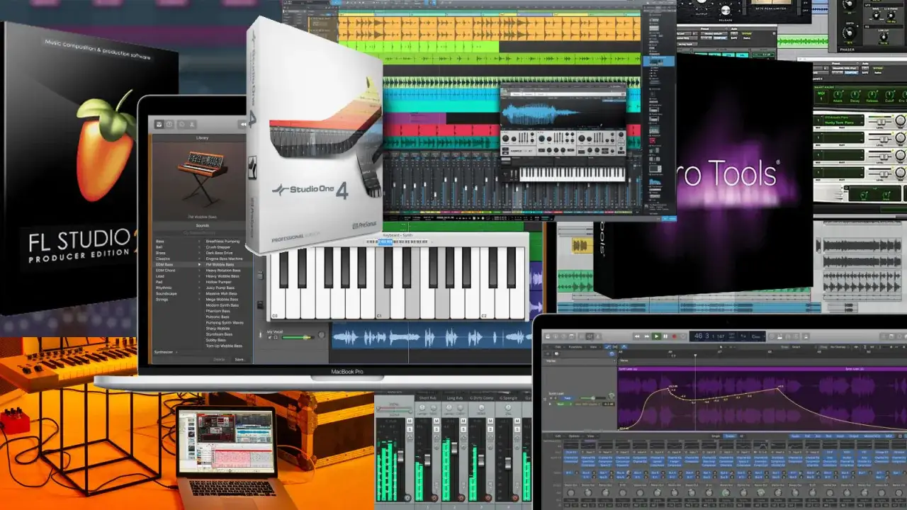 Zastosowanie komputerów w muzyce: ekrany programów do produkcji muzyki, w tym FL Studio, Studio One, Pro Tools, z wirtualnymi instrumentami i ścieżkami audio.